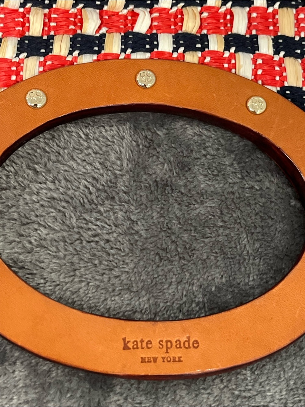 Kate Spade Red, White & Navy Woven Tote Clutch with Brown Leather Handles - Picture 7 of 10
